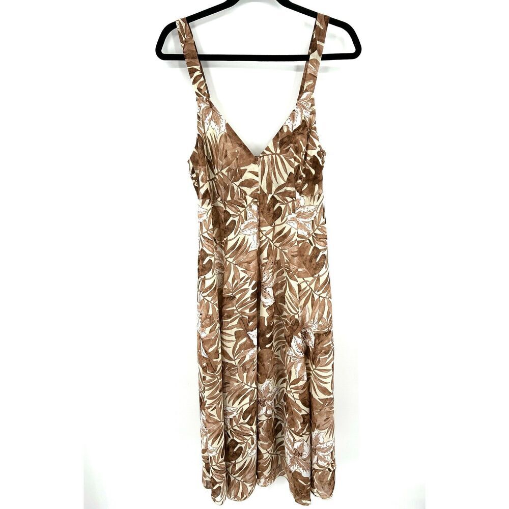 EVA TRALALA Paris Vintage Brown Cream Floral Leaf V-Neck Pleat Midi Dress Small
